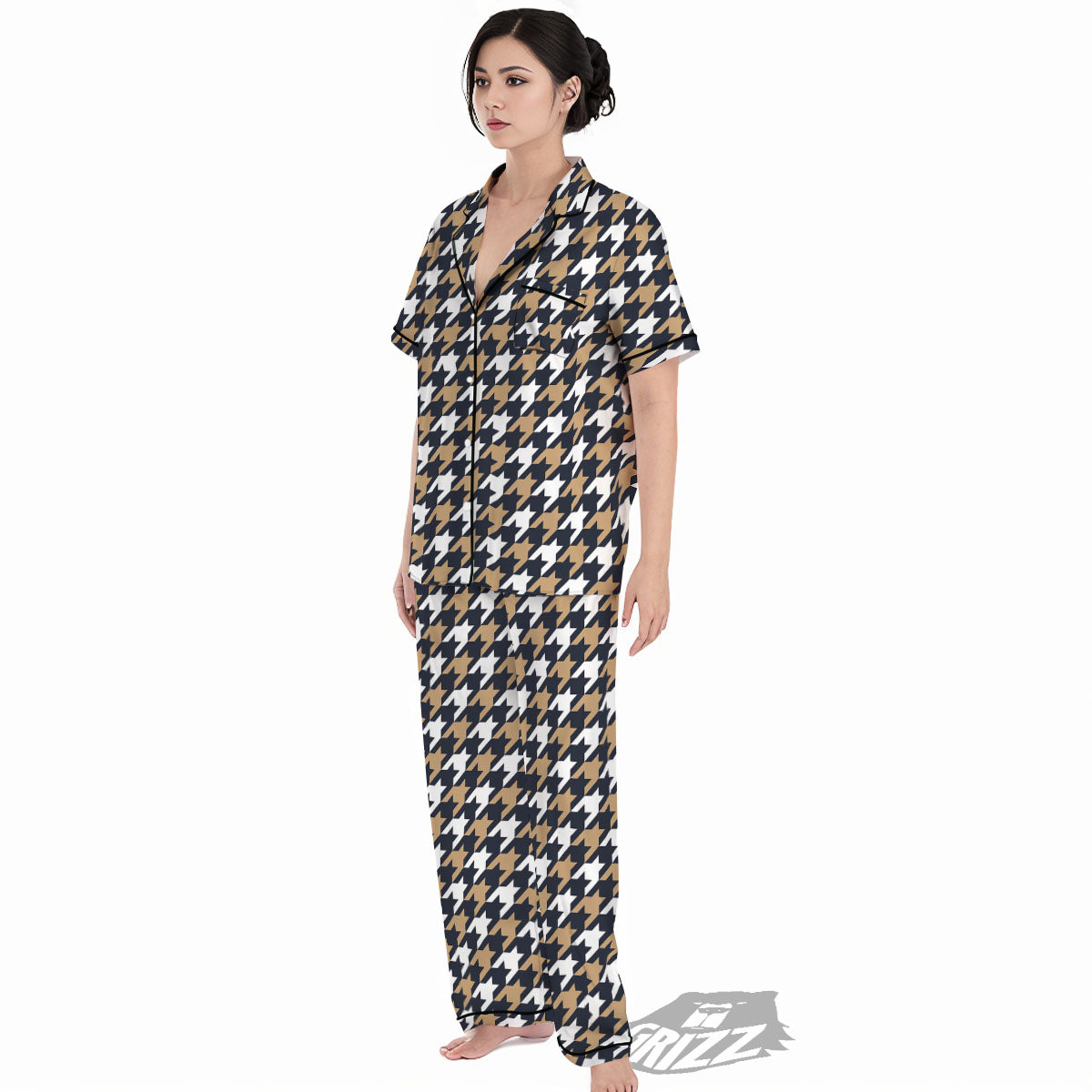 Houndstooth Tan And Brown Print Pattern Women's Pajamas Set-grizzshop
