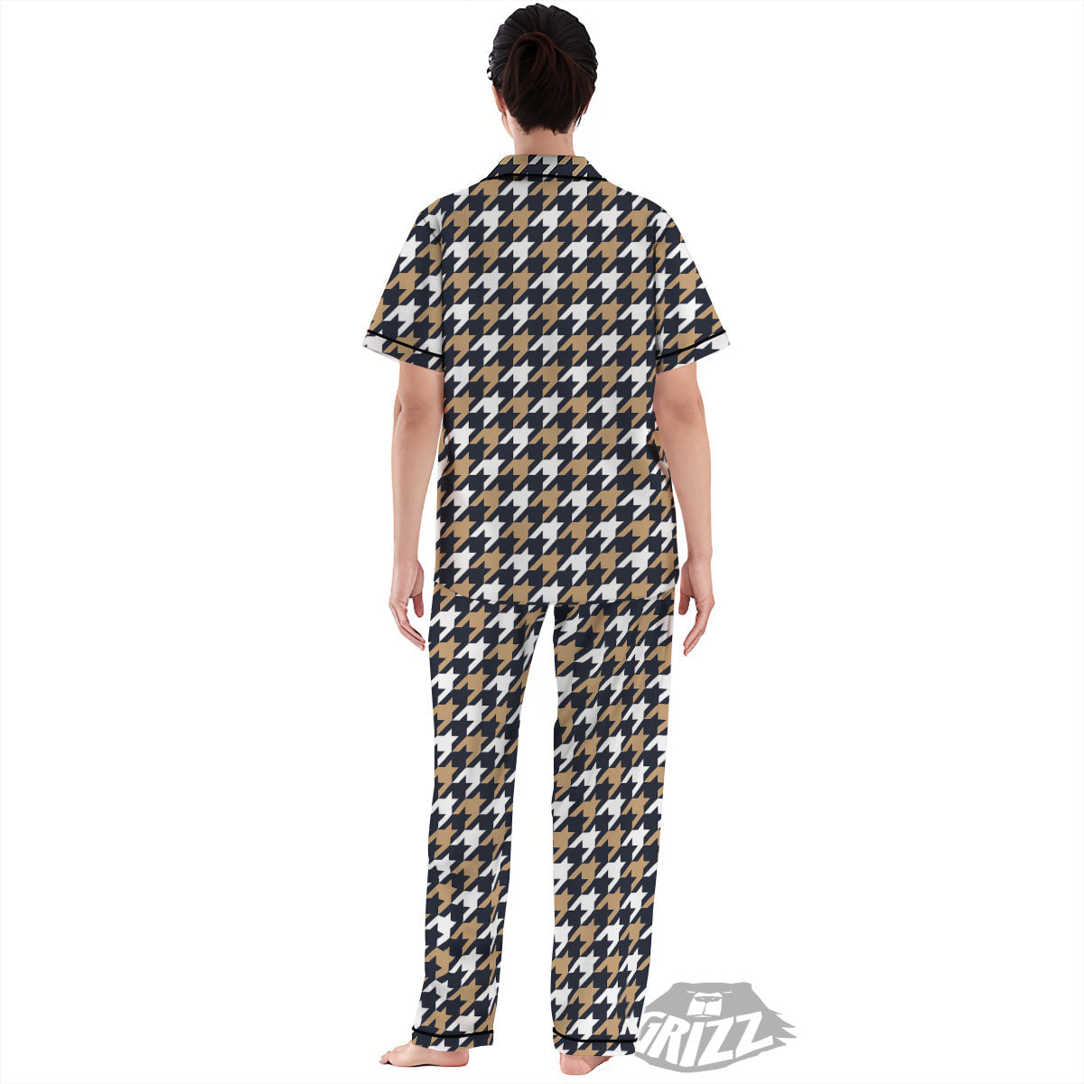 Houndstooth Tan And Brown Print Pattern Women's Pajamas Set-grizzshop