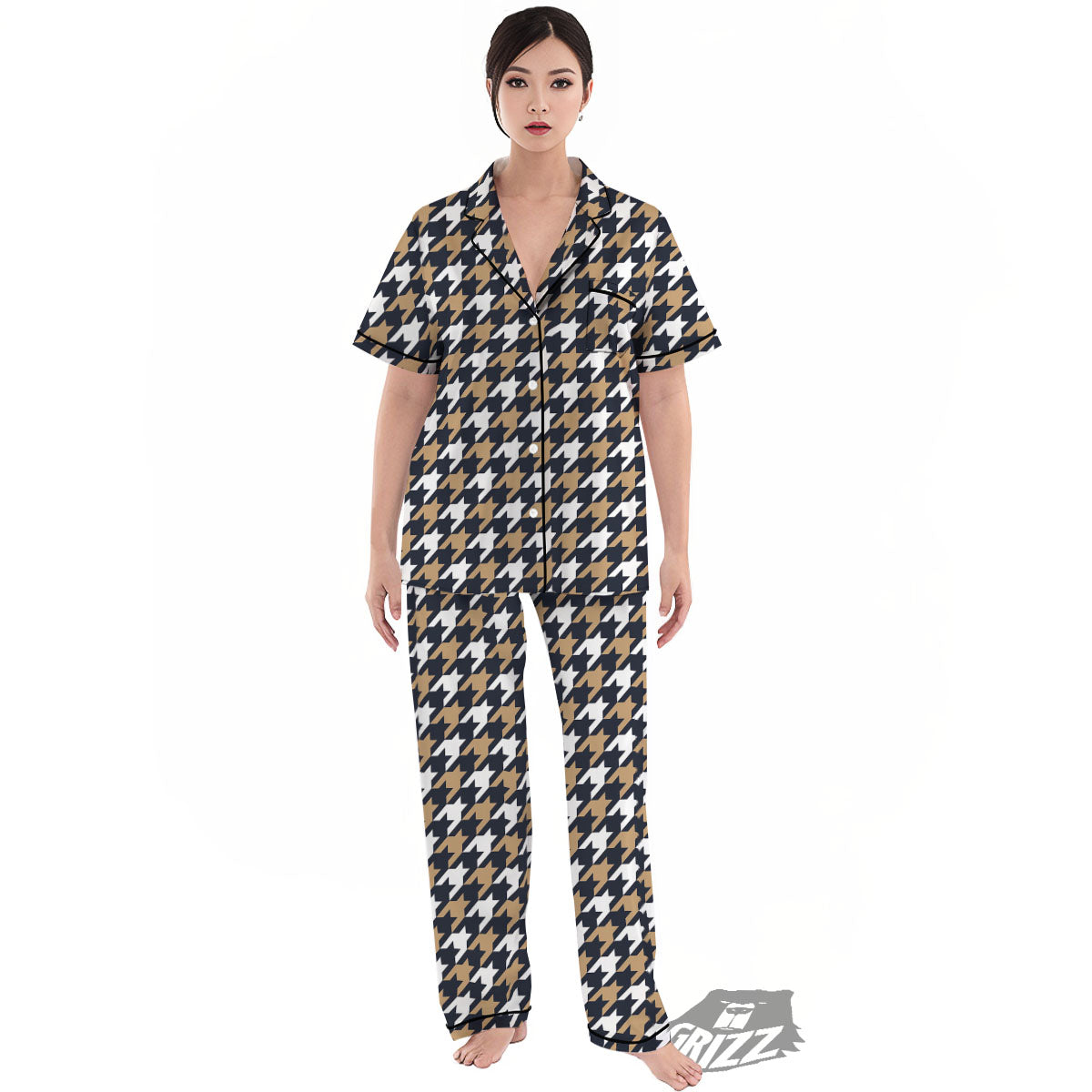 Houndstooth Tan And Brown Print Pattern Women's Pajamas Set-grizzshop