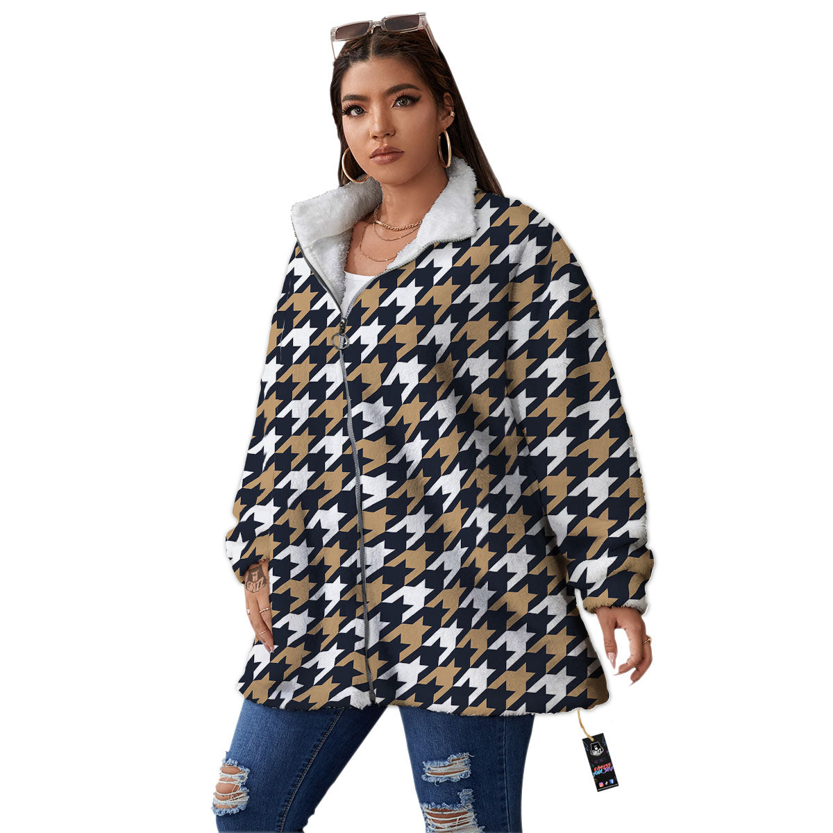 Houndstooth Tan And Brown Print Pattern Women's Sherpa Jacket-grizzshop