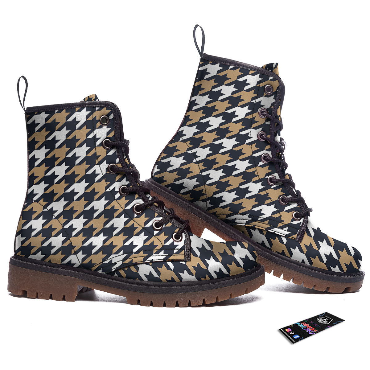 Houndstooth Tan And Brown Print Pattern Work Boots-grizzshop