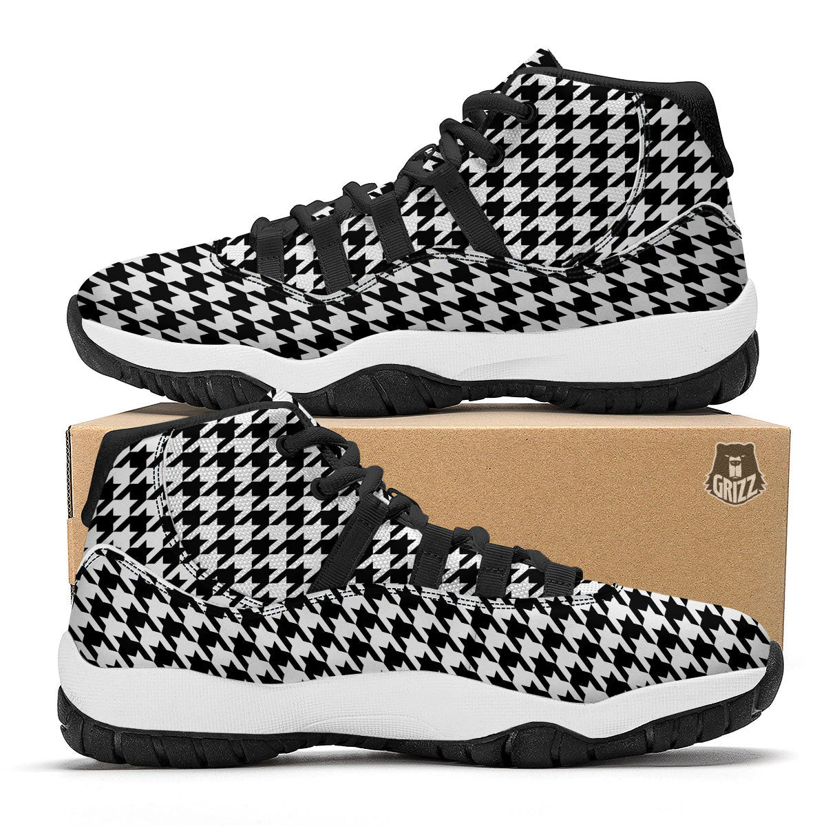 Houndstooth White And Black Print Black Bball Shoes-grizzshop