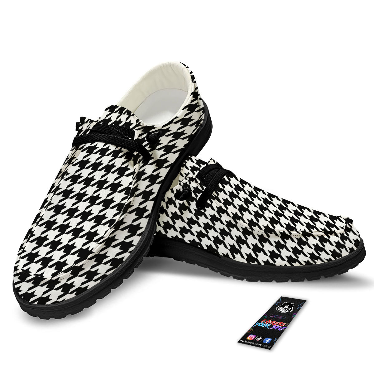 Houndstooth White And Black Print Black Loafers-grizzshop