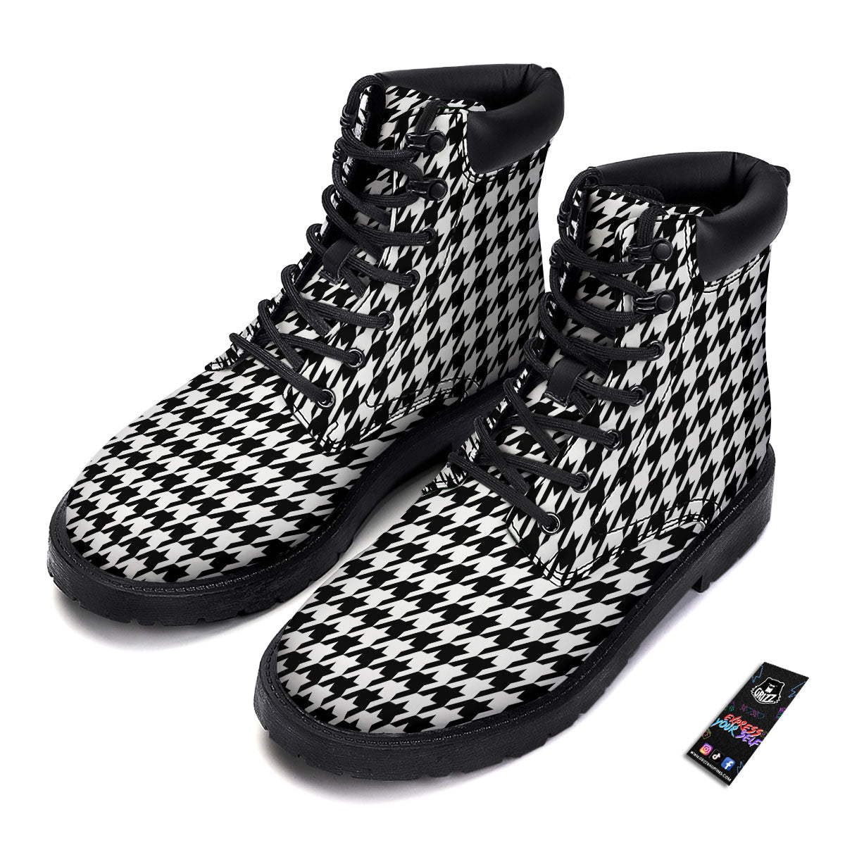 Houndstooth White And Black Print Boots-grizzshop