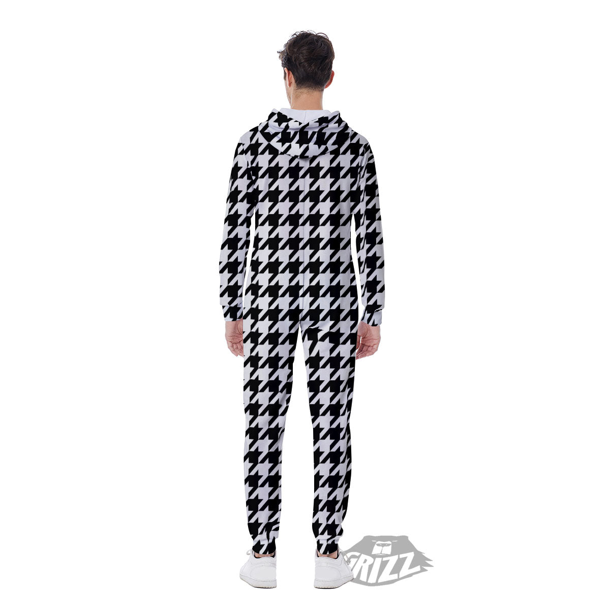 Houndstooth White And Black Print Men's Jumpsuit-grizzshop