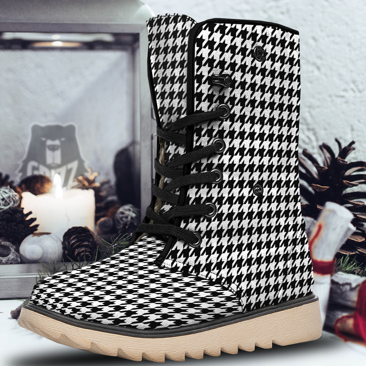 Houndstooth White And Black Print Snow Boots-grizzshop