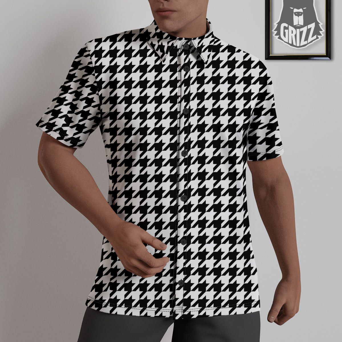 Houndstooth White And Black Print Untucked Shirts-grizzshop