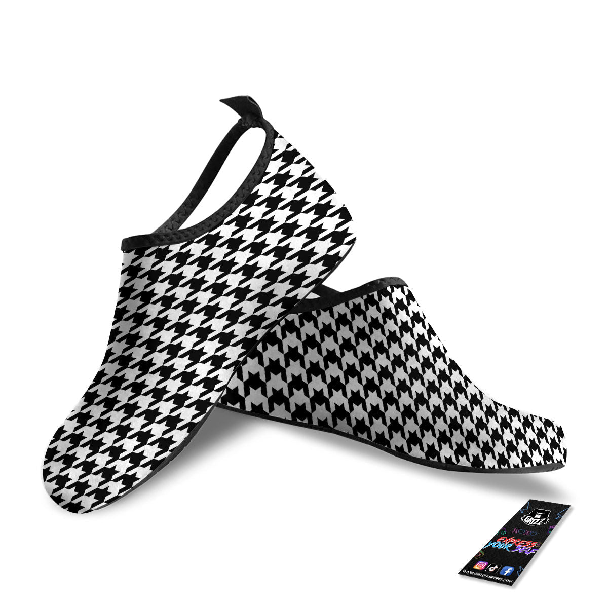 Houndstooth White And Black Print Water Shoes-grizzshop