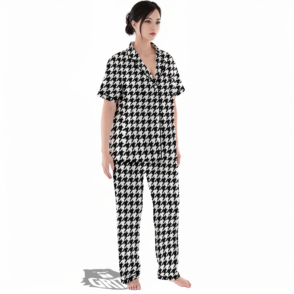 Houndstooth White And Black Print Women's Pajamas Set-grizzshop