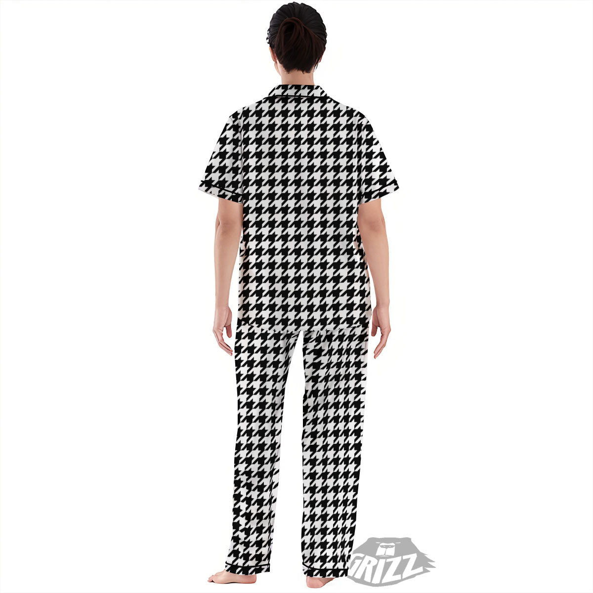 Houndstooth White And Black Print Women's Pajamas Set-grizzshop