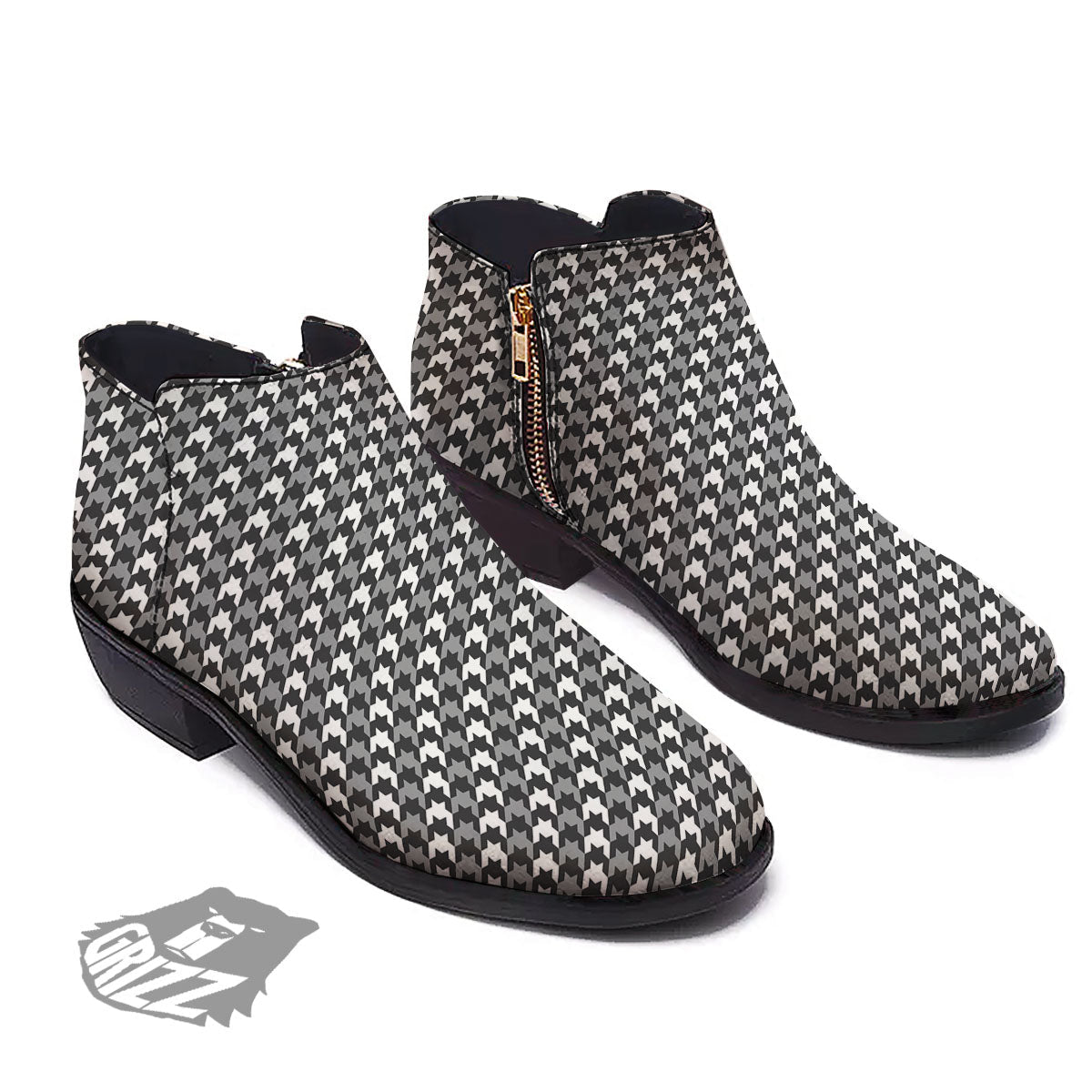 Houndstooth White And Grey Print Pattern Ankle Boots-grizzshop