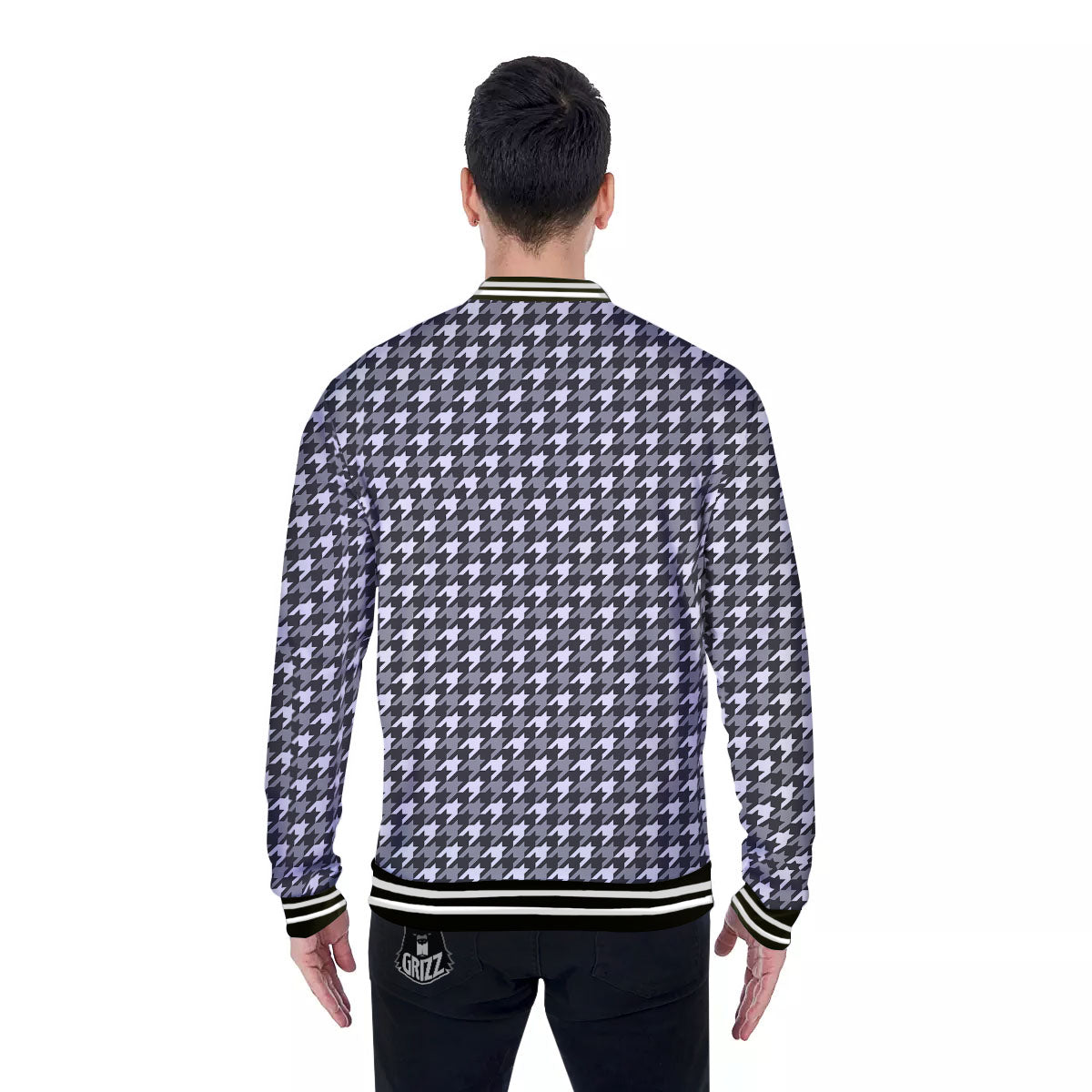 Houndstooth White And Grey Print Pattern Baseball Jacket-grizzshop