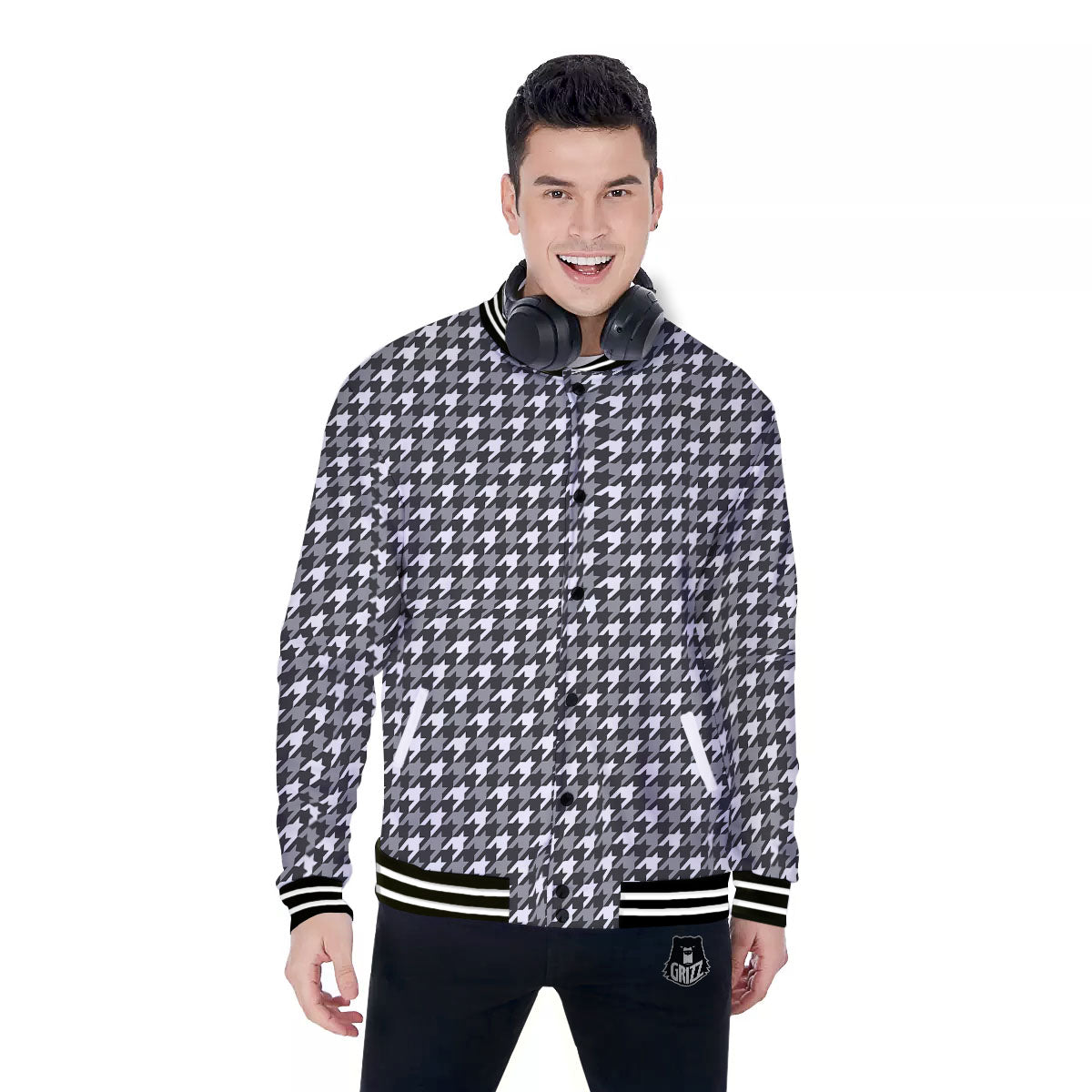 Houndstooth White And Grey Print Pattern Baseball Jacket-grizzshop