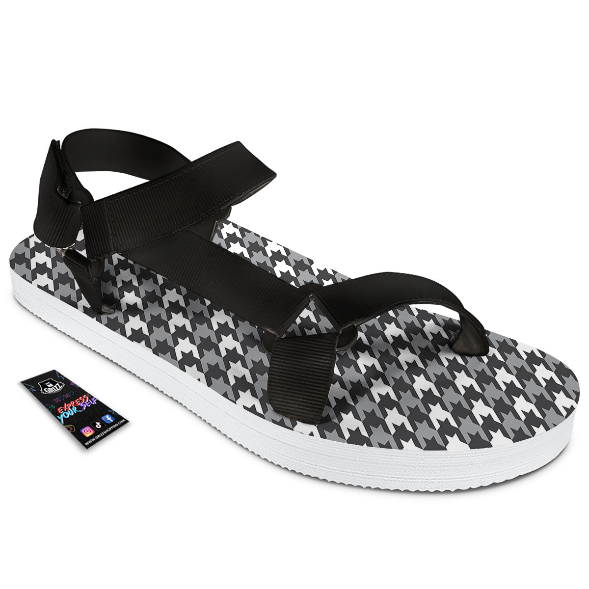 Houndstooth White And Grey Print Pattern Black Open Toe Sandals-grizzshop