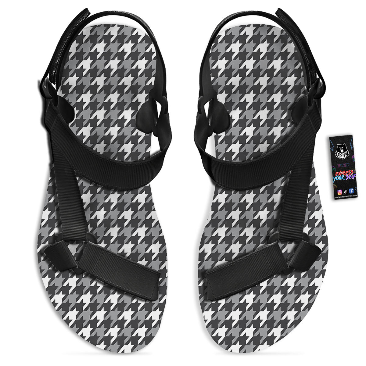 Houndstooth White And Grey Print Pattern Black Open Toe Sandals-grizzshop