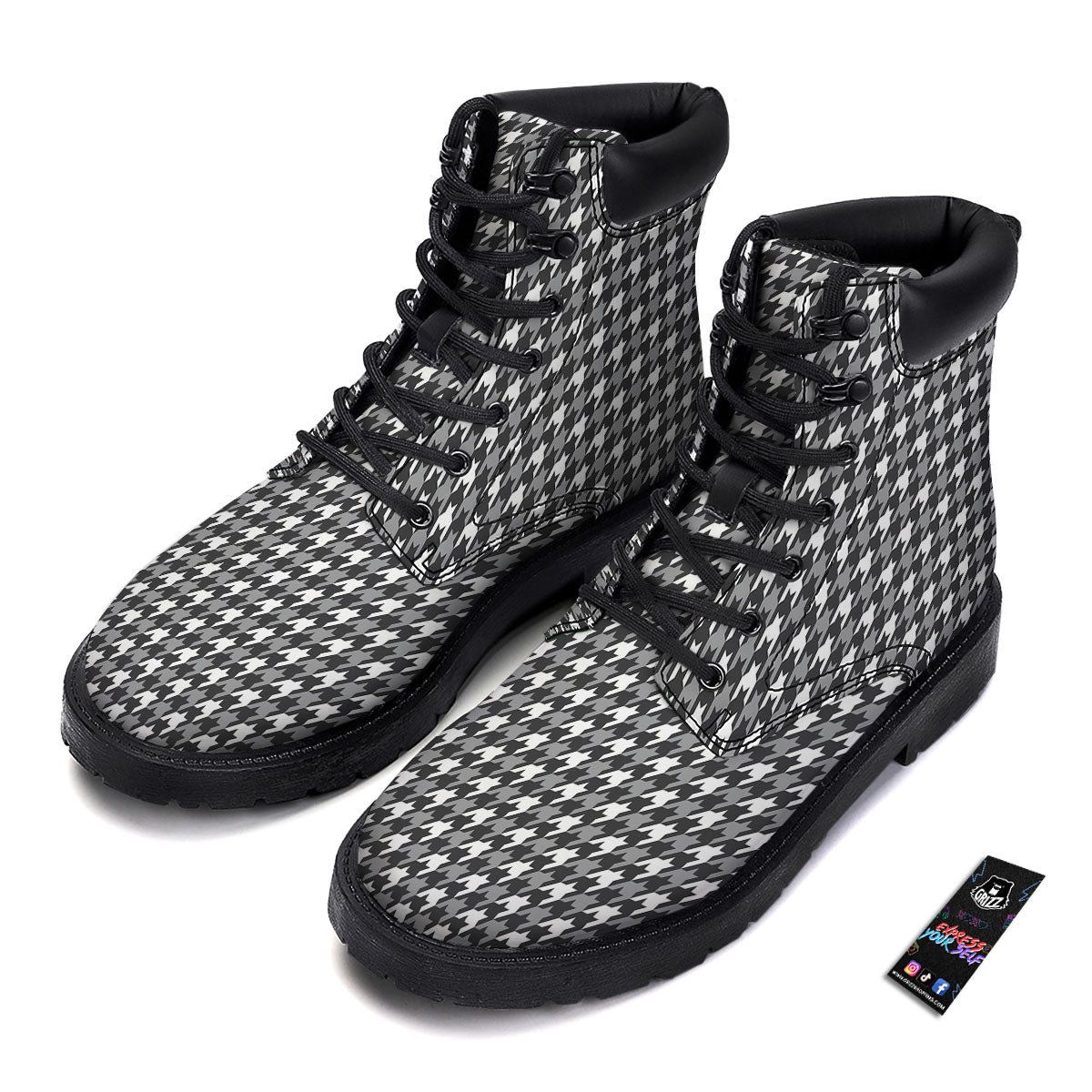 Houndstooth White And Grey Print Pattern Boots-grizzshop