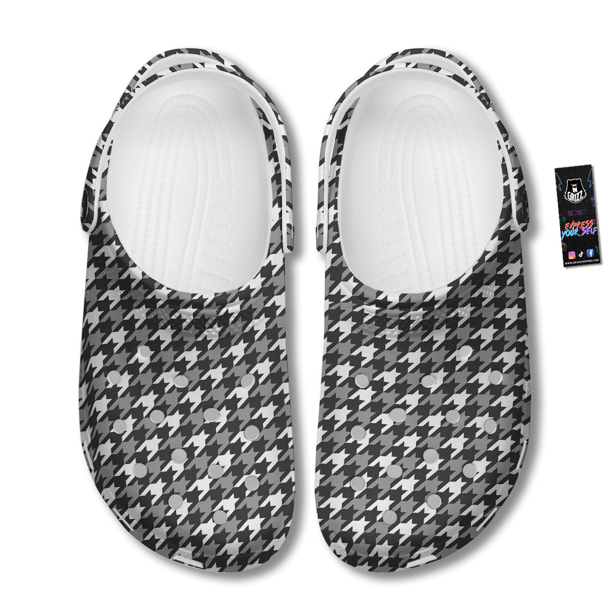 Houndstooth White And Grey Print Pattern Clog-grizzshop