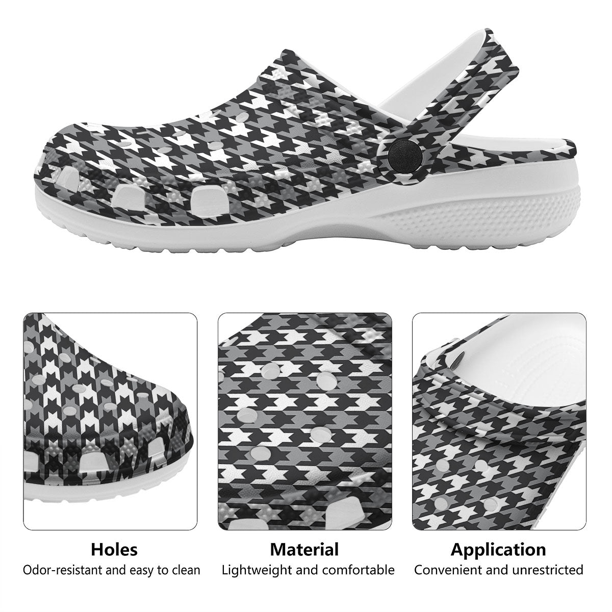 Houndstooth White And Grey Print Pattern Clog-grizzshop