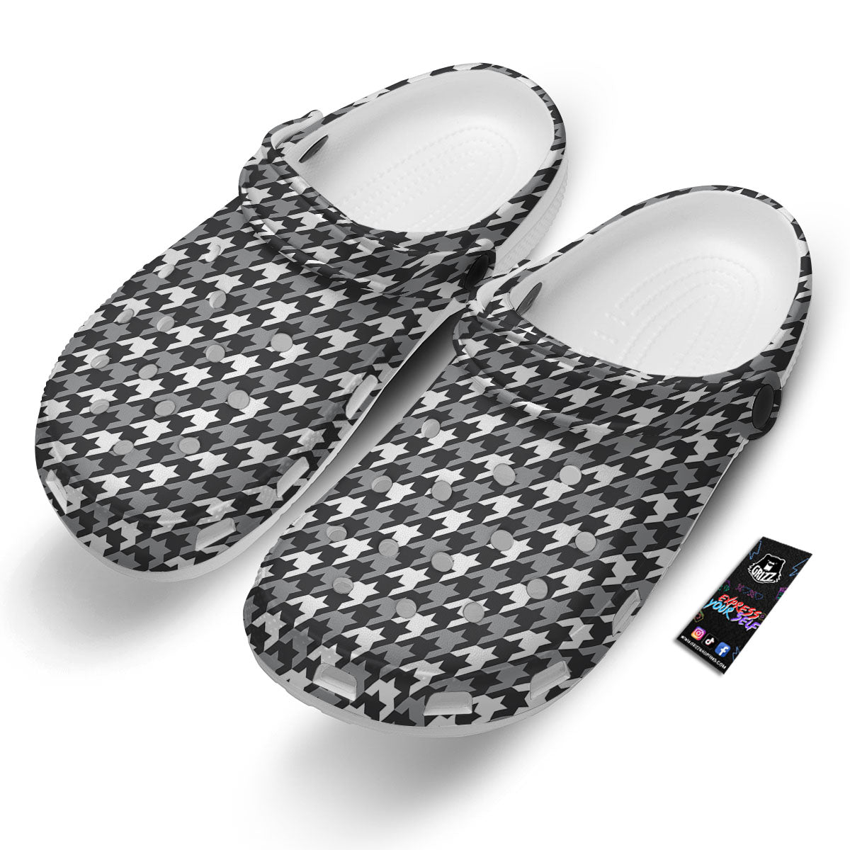 Houndstooth White And Grey Print Pattern Clog-grizzshop