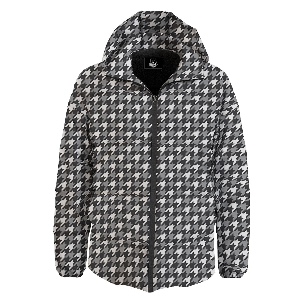 Houndstooth White And Grey Print Pattern Down Jacket-grizzshop