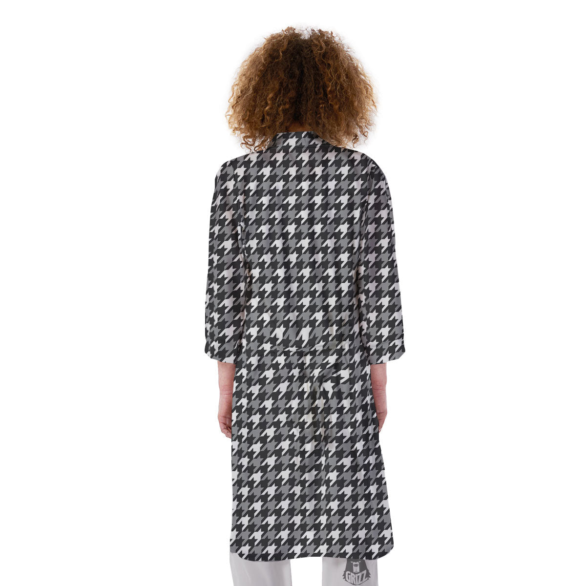 Houndstooth White And Grey Print Pattern Kimono-grizzshop