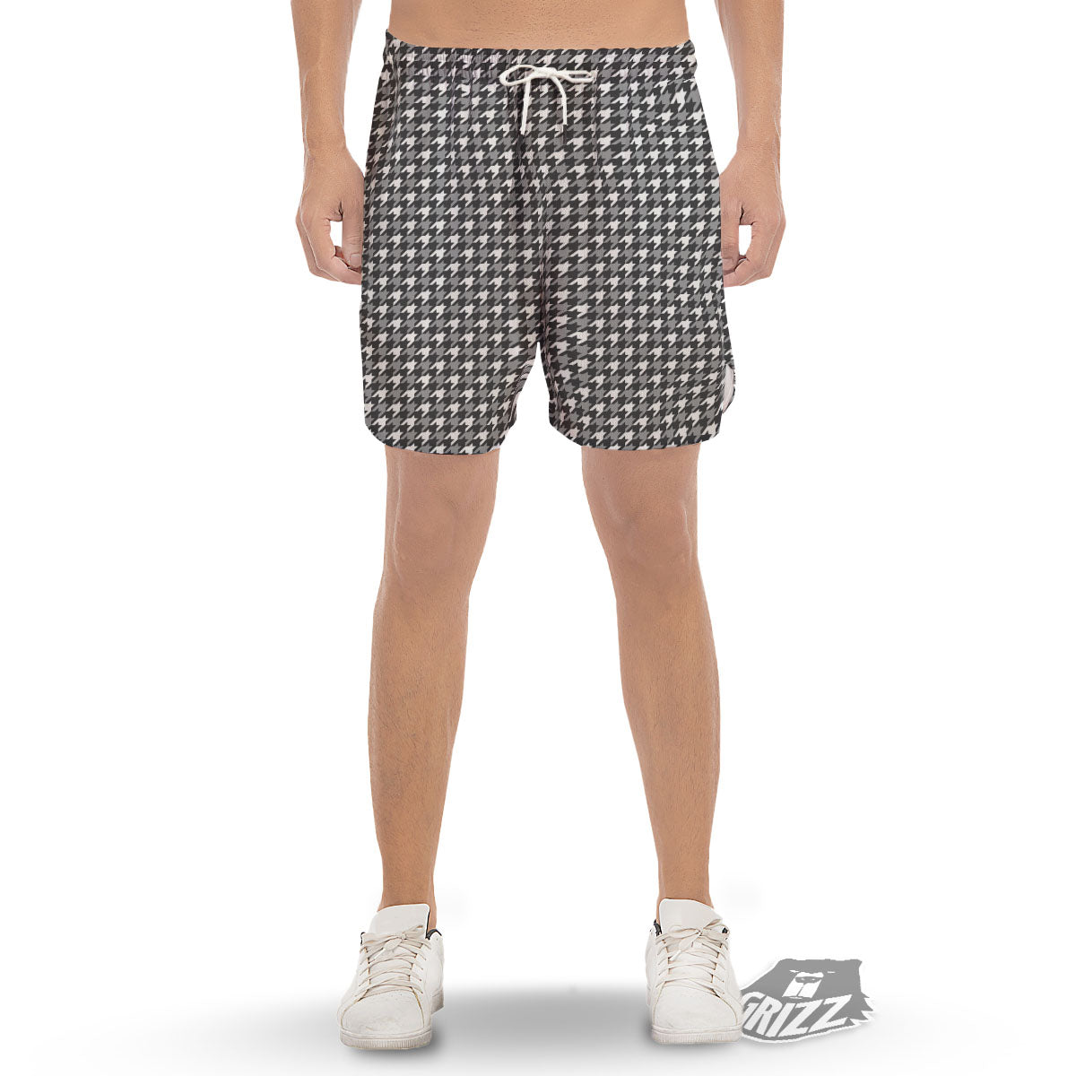 Houndstooth White And Grey Print Pattern Men's Gym Shorts-grizzshop