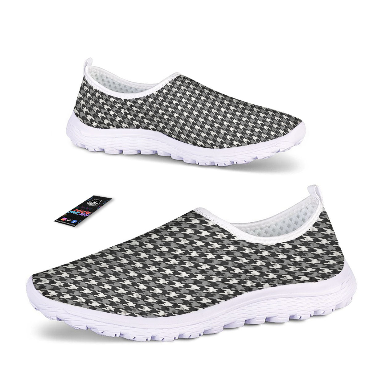 Houndstooth White And Grey Print Pattern Nurse Shoes-grizzshop