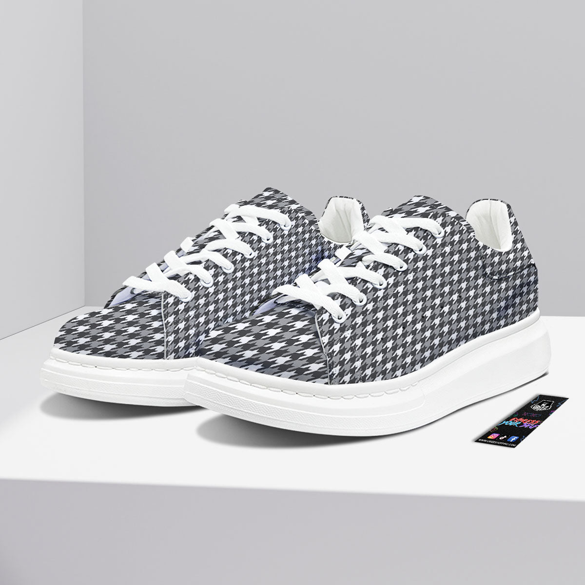 Houndstooth White And Grey Print Pattern Platform Shoes-grizzshop