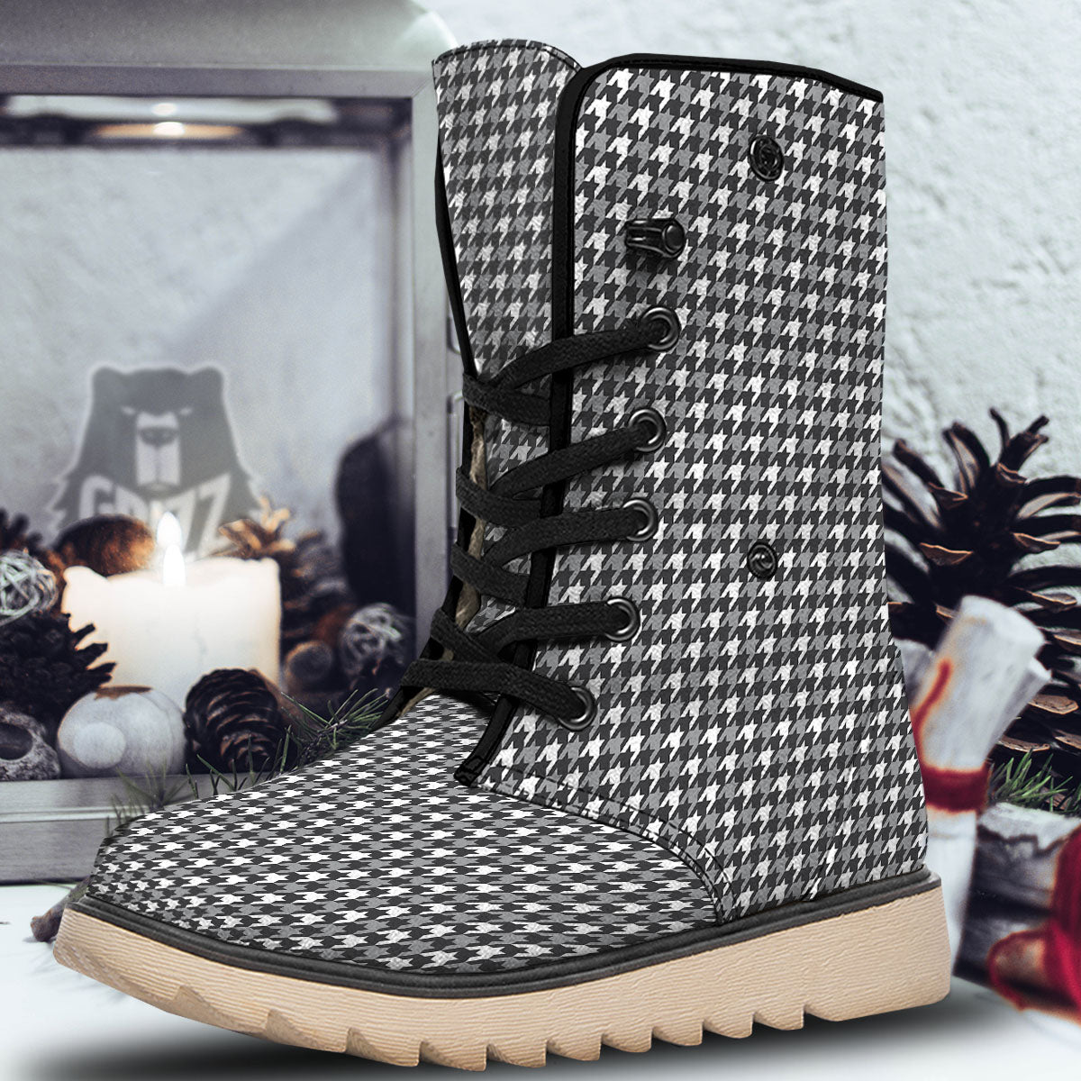 Houndstooth White And Grey Print Pattern Snow Boots-grizzshop