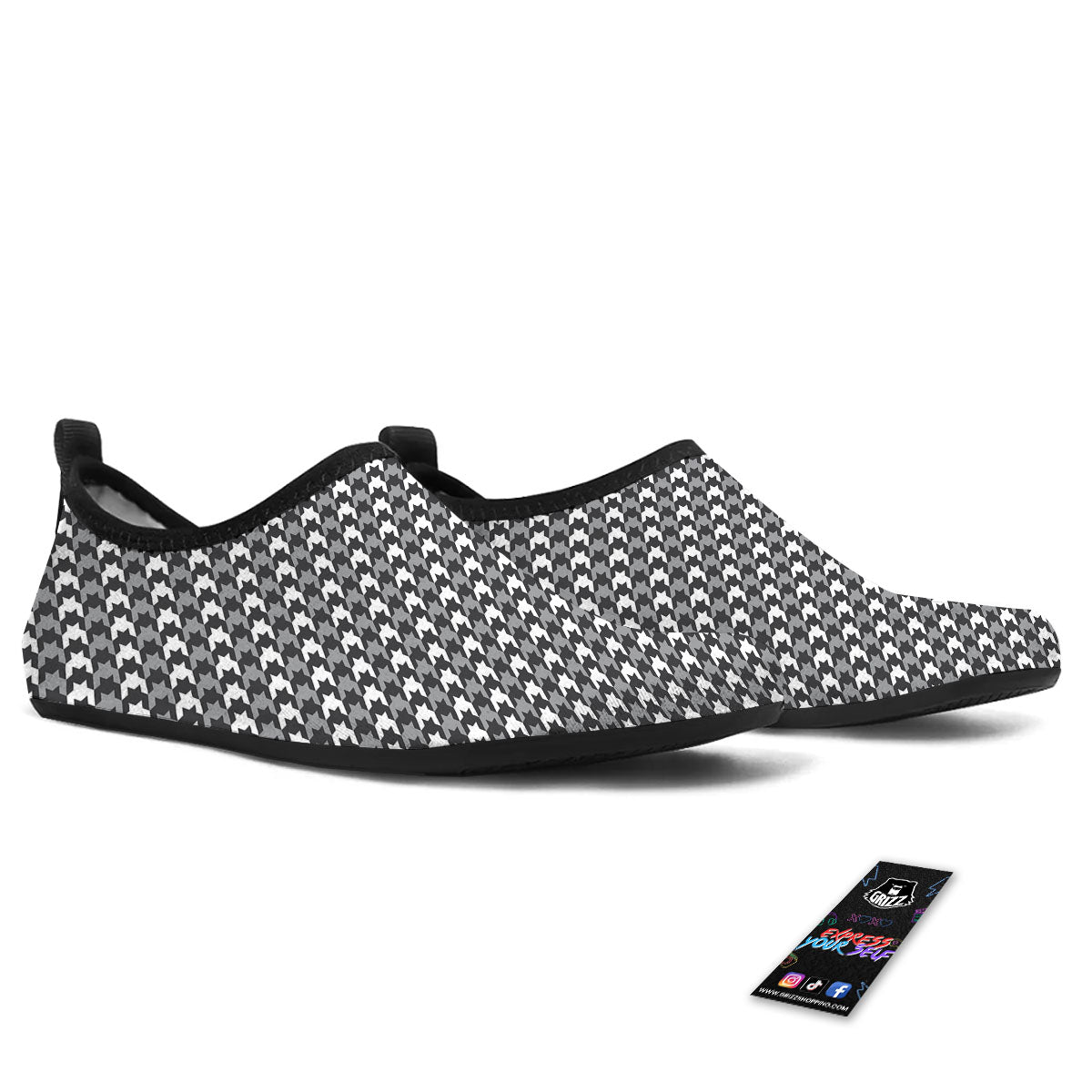 Houndstooth White And Grey Print Pattern Water Shoes-grizzshop