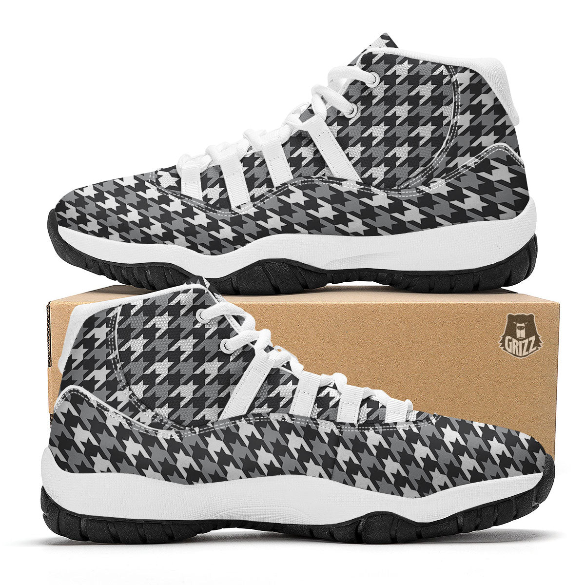Houndstooth White And Grey Print Pattern White Bball Shoes-grizzshop