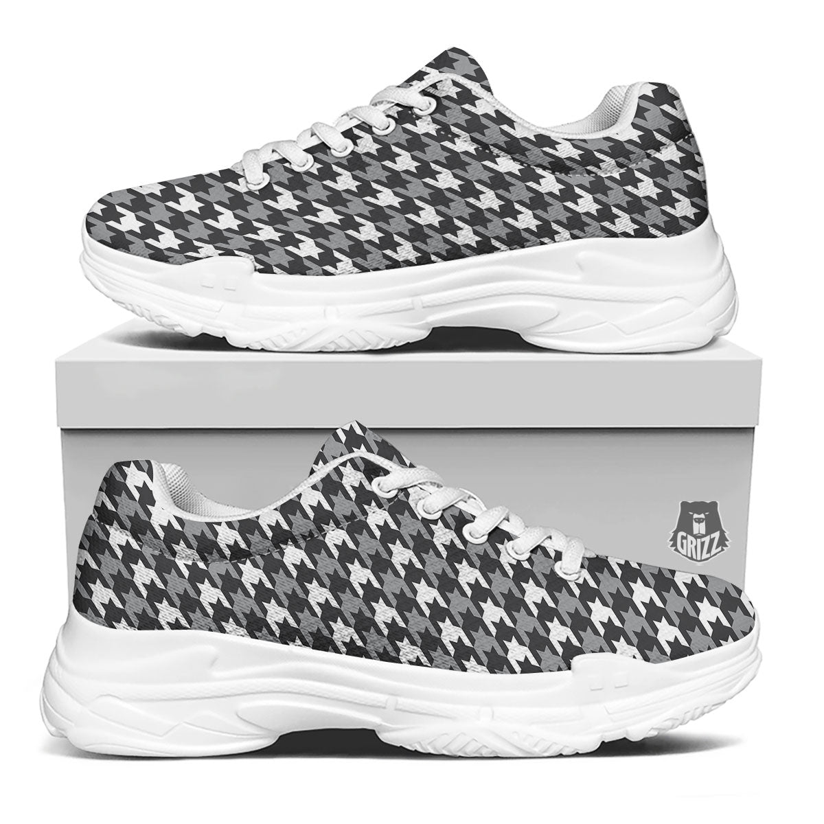 Houndstooth White And Grey Print Pattern White Chunky Shoes-grizzshop