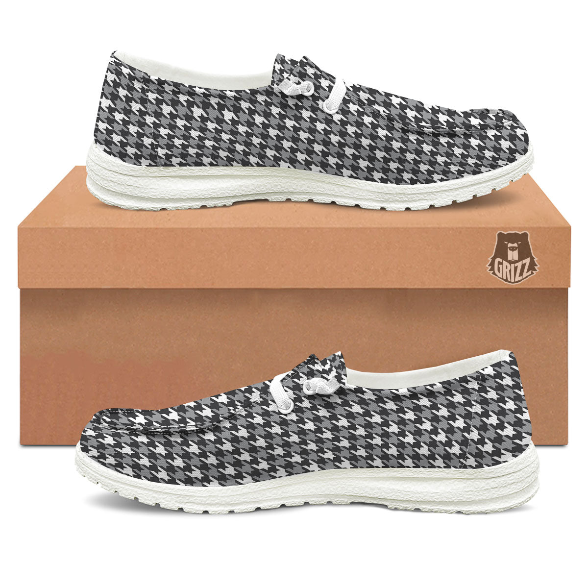 Houndstooth White And Grey Print Pattern White Loafers-grizzshop