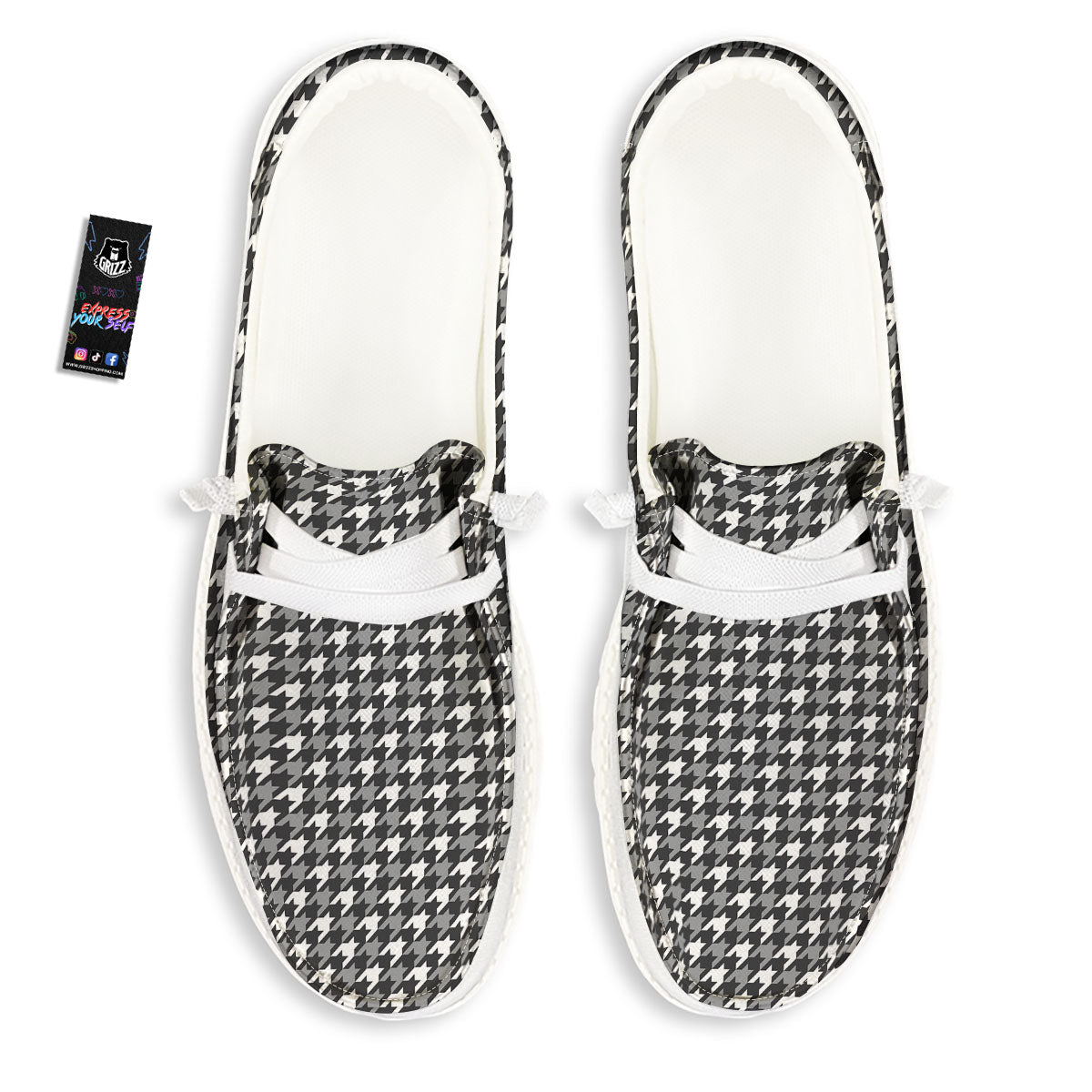 Houndstooth White And Grey Print Pattern White Loafers-grizzshop