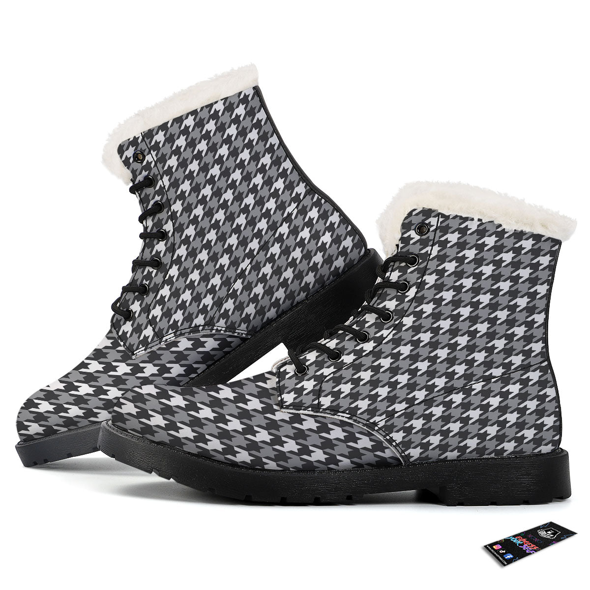 Houndstooth White And Grey Print Pattern Winter Boots-grizzshop