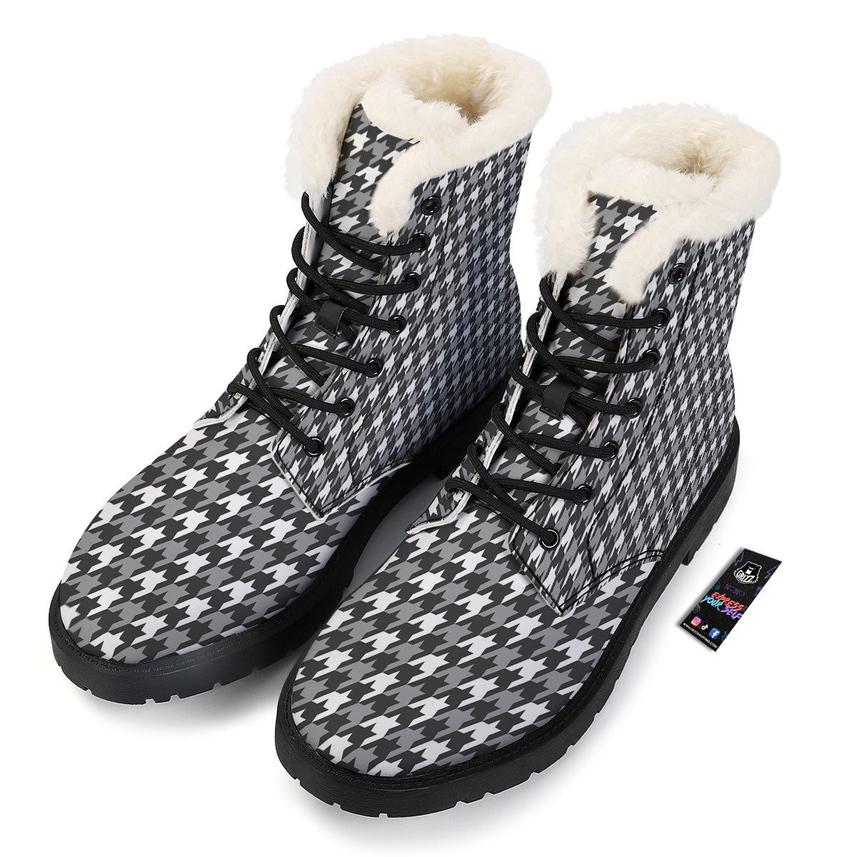 Houndstooth White And Grey Print Pattern Winter Boots-grizzshop
