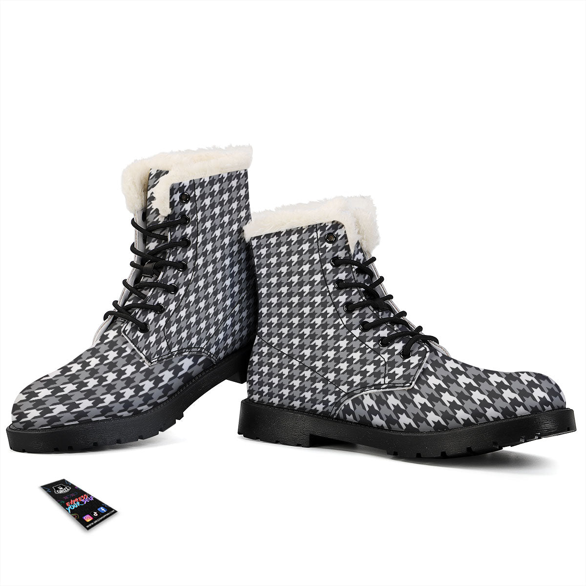 Houndstooth White And Grey Print Pattern Winter Boots-grizzshop