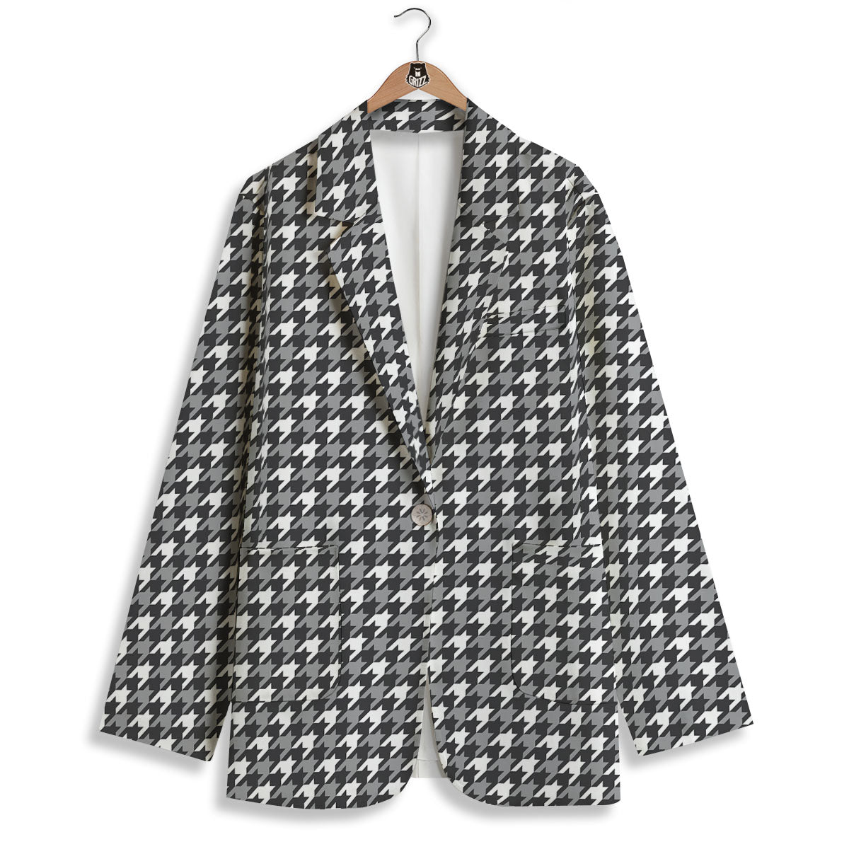 Houndstooth White And Grey Print Pattern Women's Blazer-grizzshop