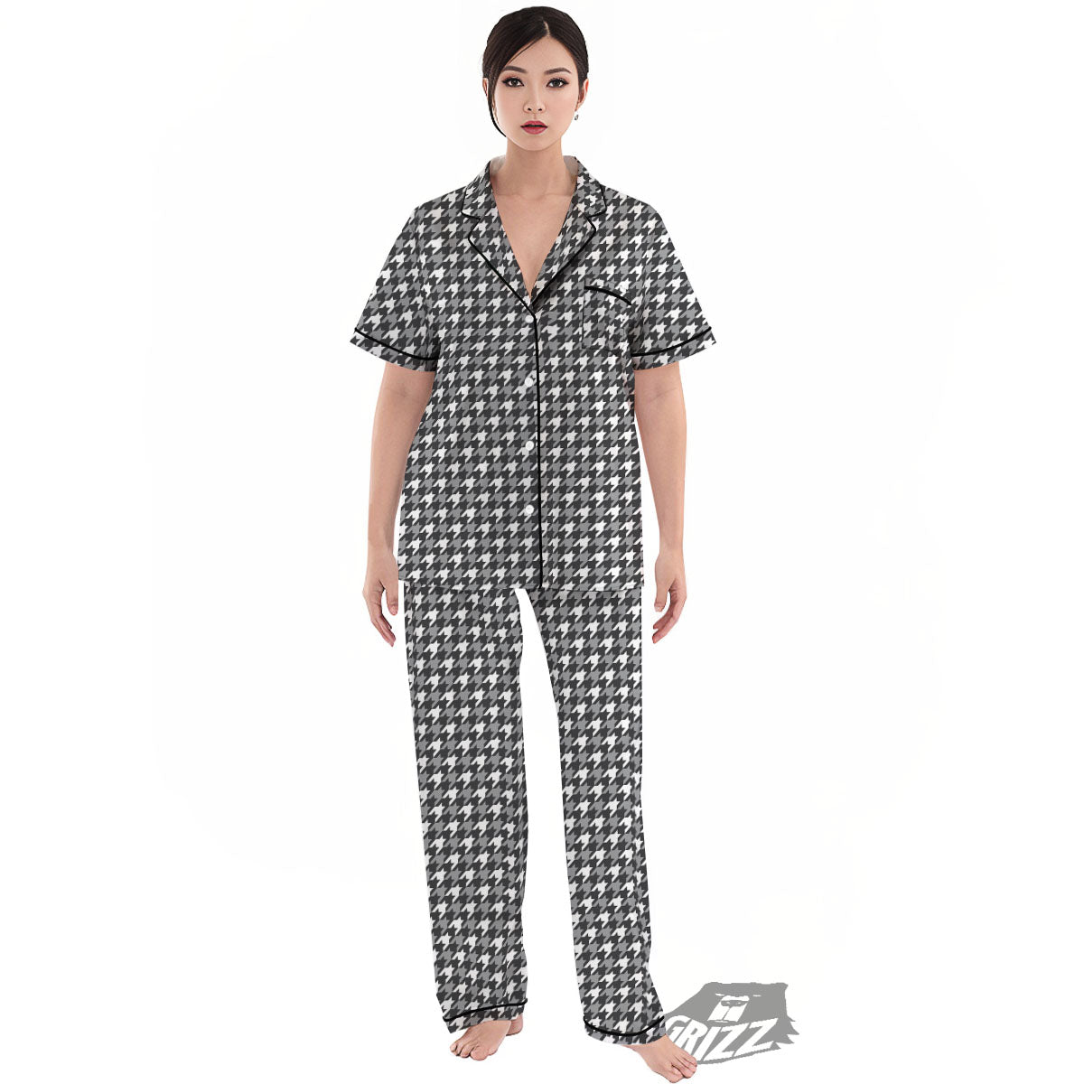 Houndstooth White And Grey Print Pattern Women's Pajamas Set-grizzshop