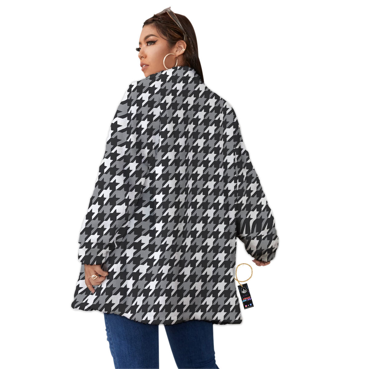 Houndstooth White And Grey Print Pattern Women's Sherpa Jacket-grizzshop