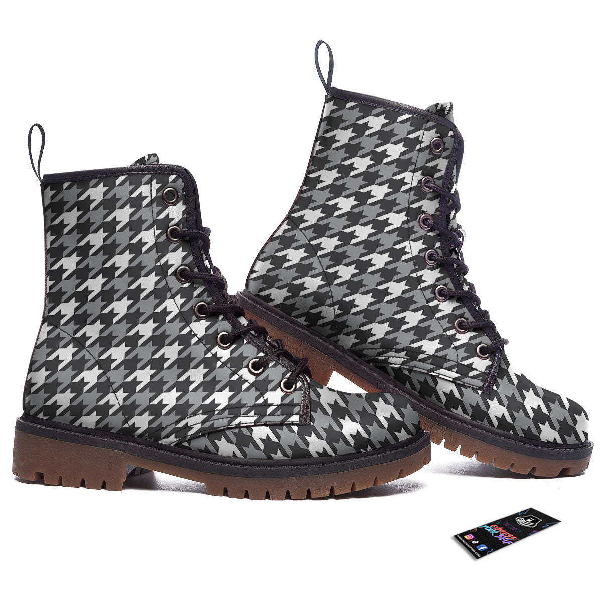 Houndstooth White And Grey Print Pattern Work Boots-grizzshop