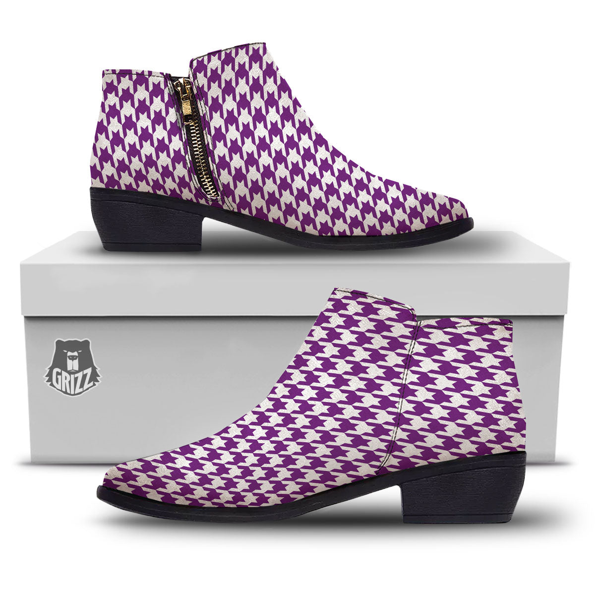 Houndstooth White And Purple Print Ankle Boots-grizzshop
