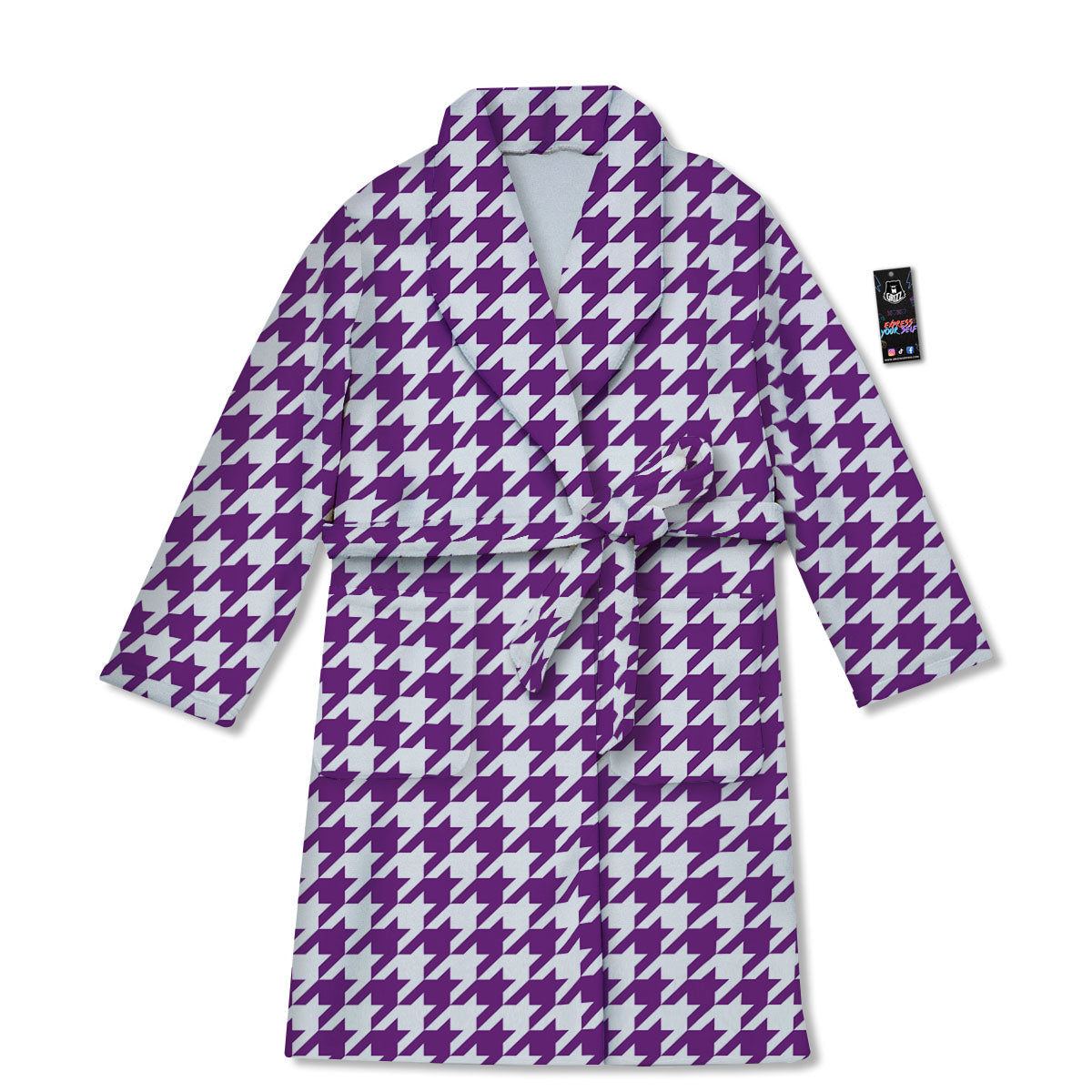 Houndstooth White And Purple Print Bathrobe-grizzshop