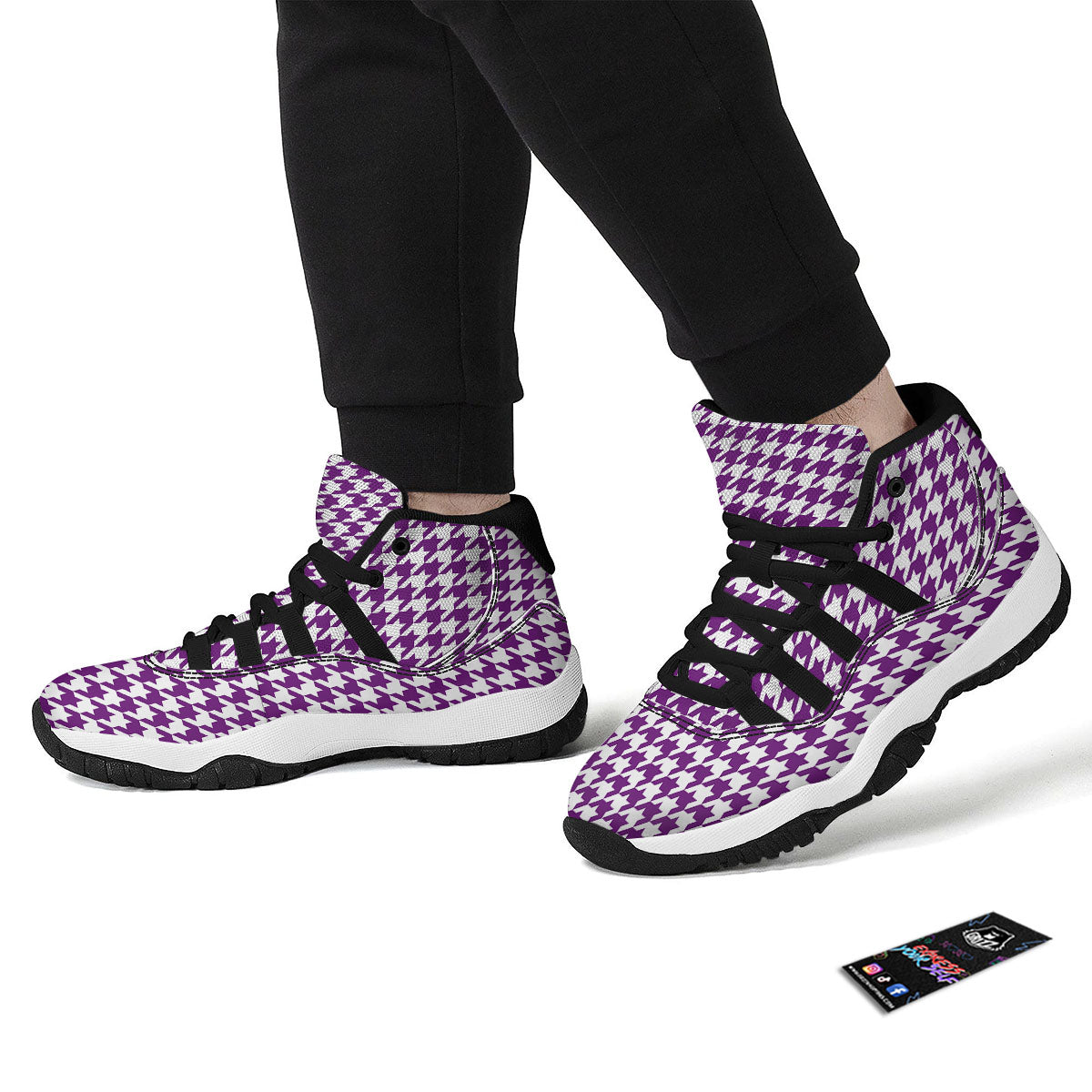 Houndstooth White And Purple Print Black Bball Shoes-grizzshop