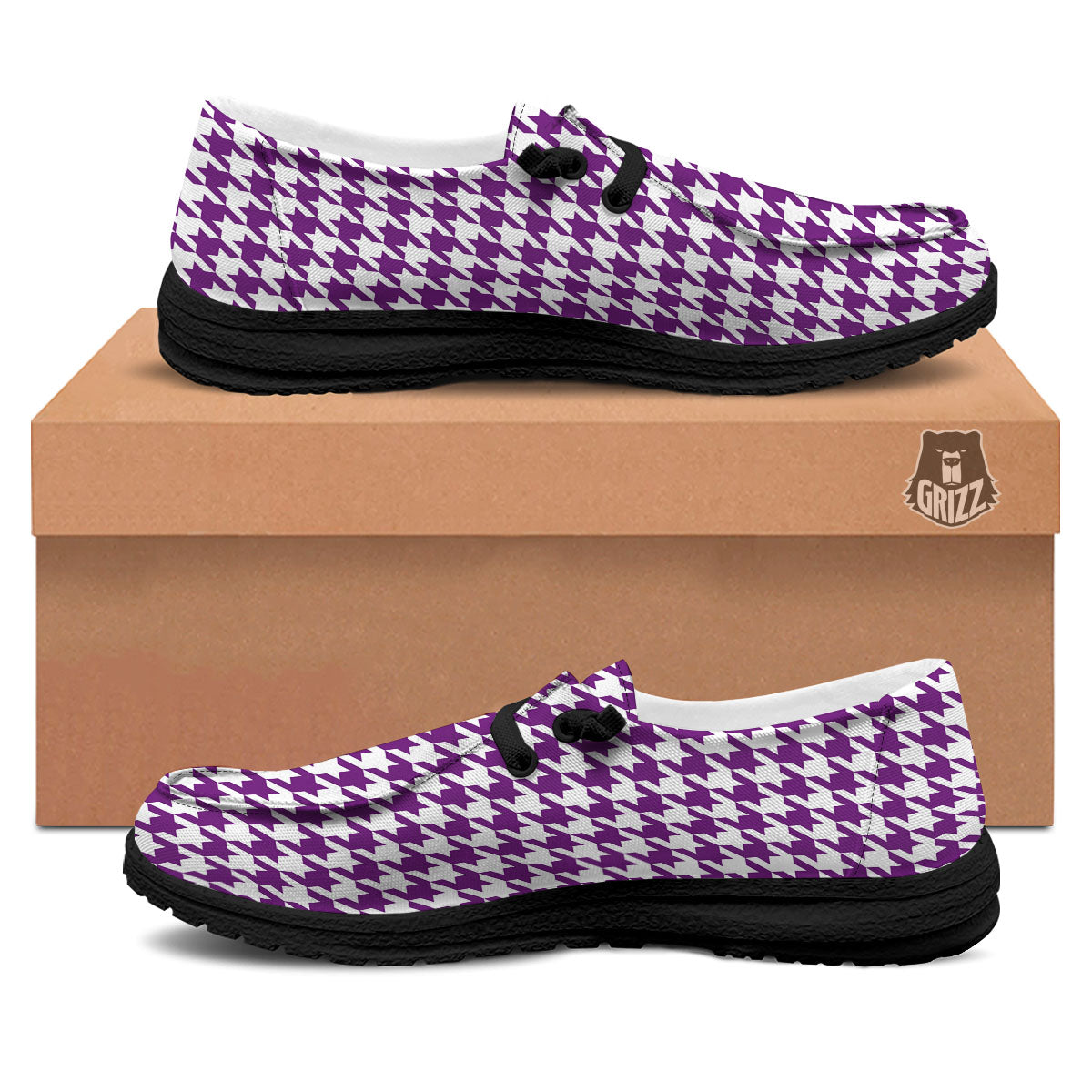Houndstooth White And Purple Print Black Loafers-grizzshop