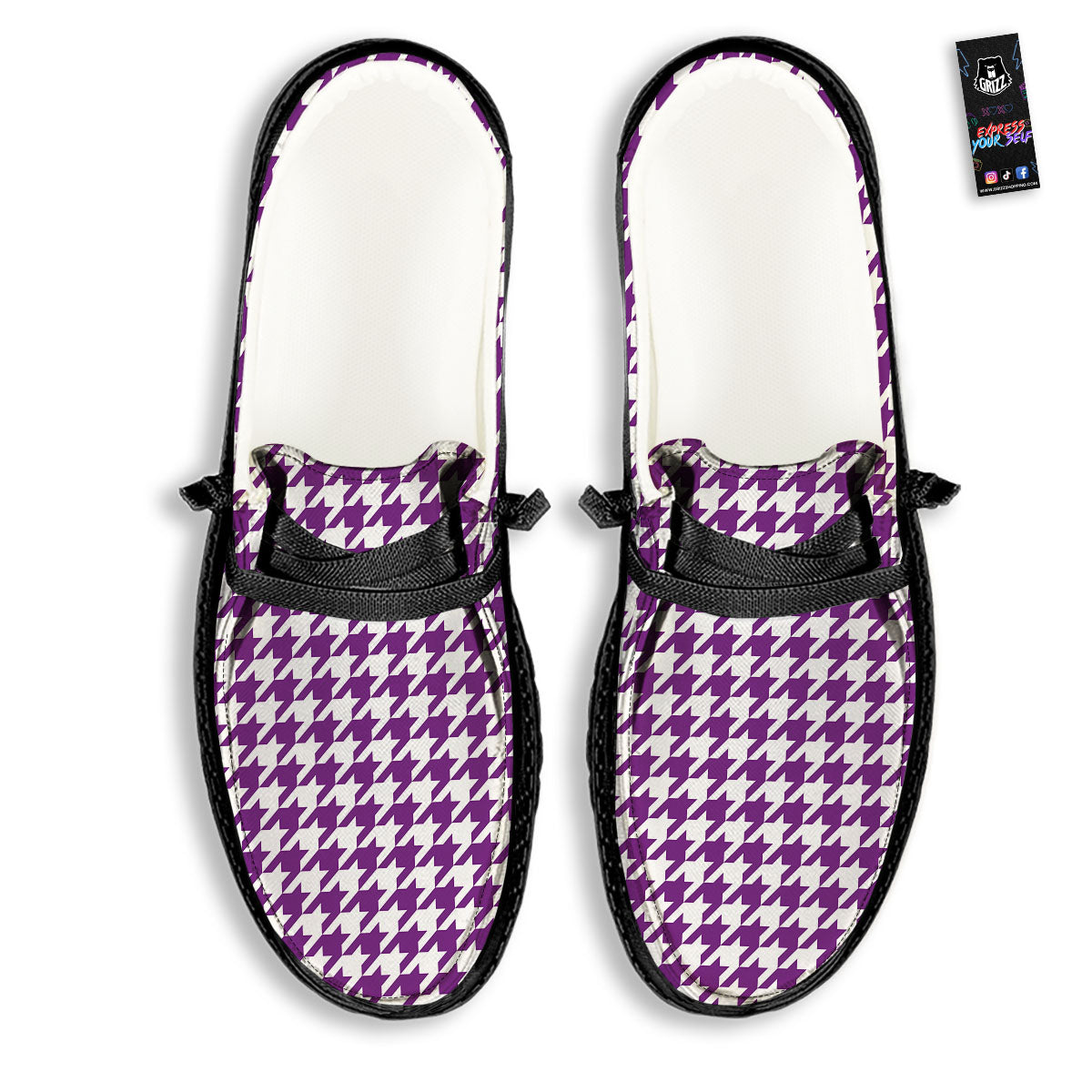 Houndstooth White And Purple Print Black Loafers-grizzshop