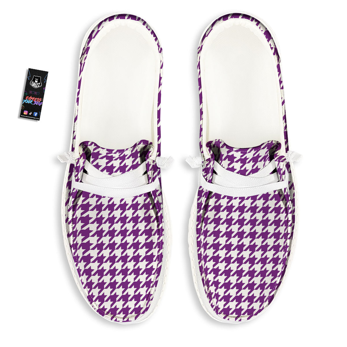 Houndstooth White And Purple Print Black Loafers-grizzshop