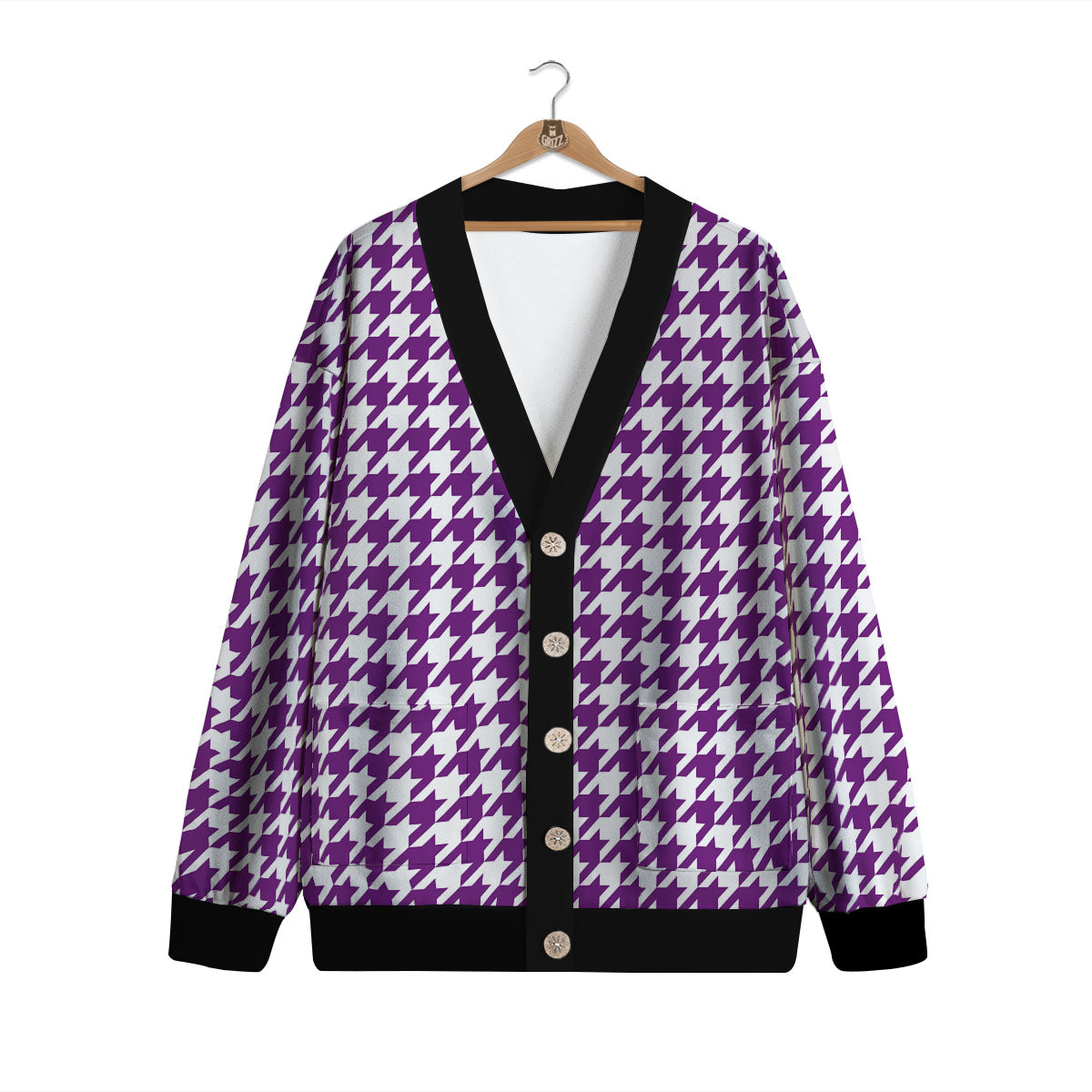 Houndstooth White And Purple Print Cardigan-grizzshop