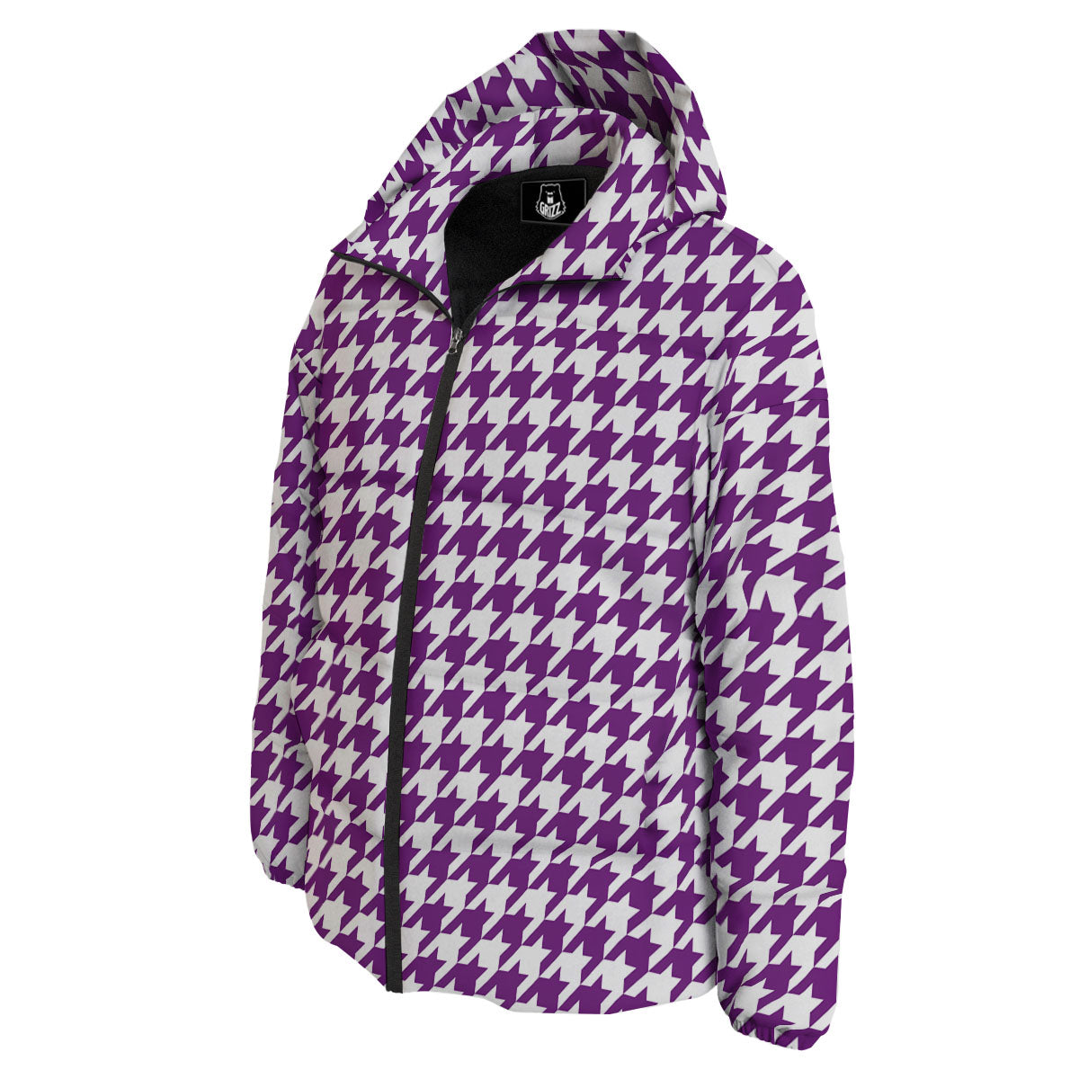 Houndstooth White And Purple Print Down Jacket-grizzshop