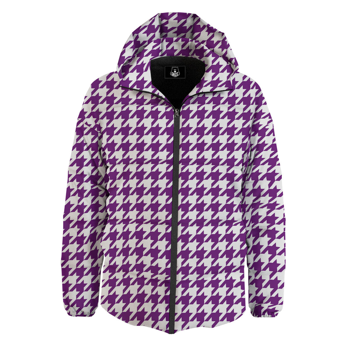 Houndstooth White And Purple Print Down Jacket-grizzshop